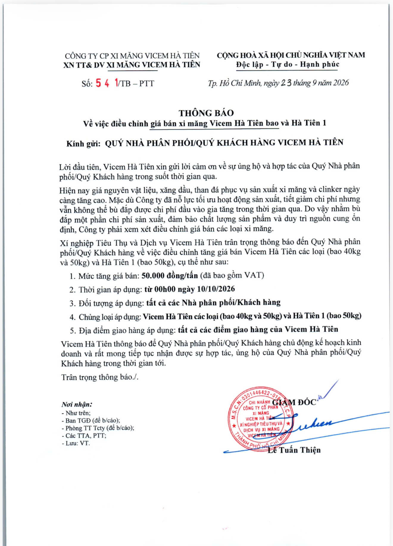 Công văn tăng giá Xi măng VICEM Hà Tiên